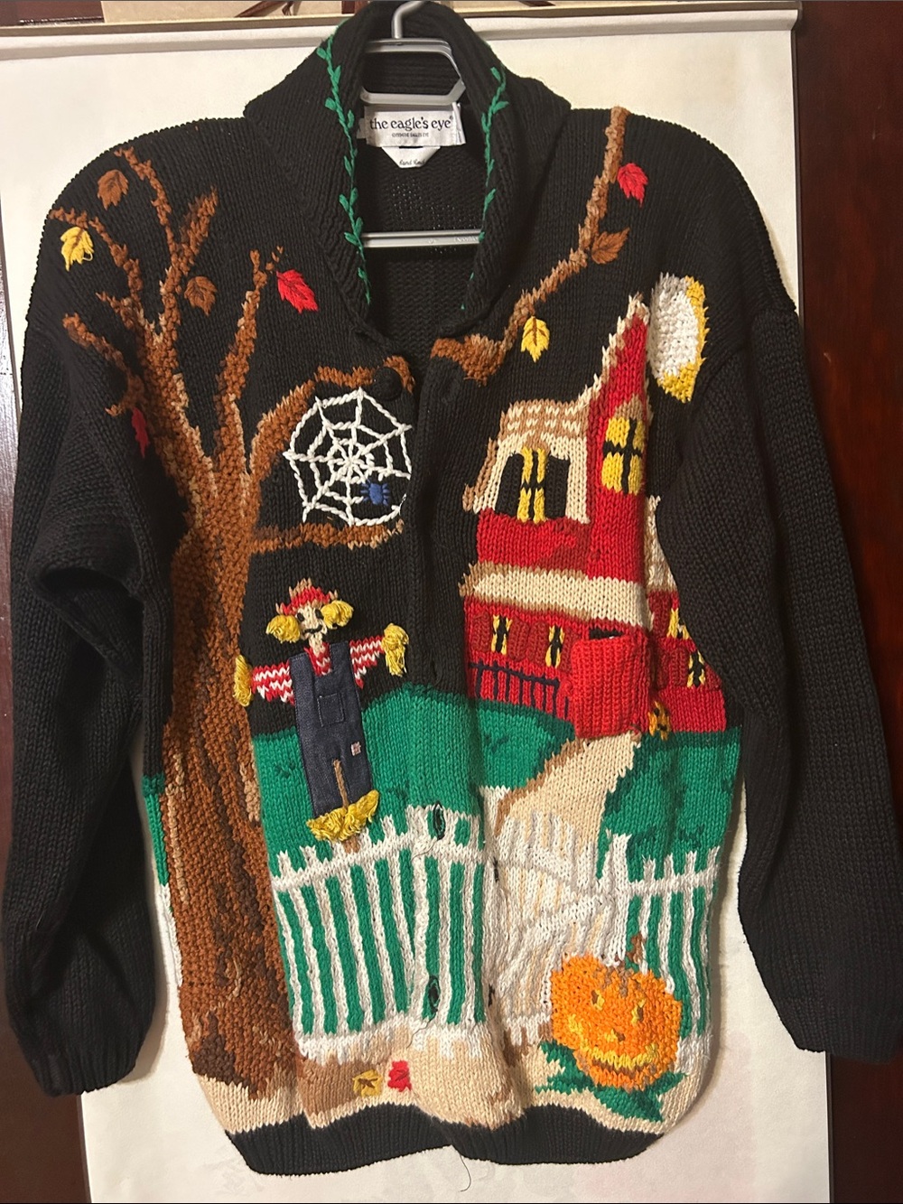 The Eagle's Eye Black Halloween Knit Cardigan with Festive Autumn Motif, Medium